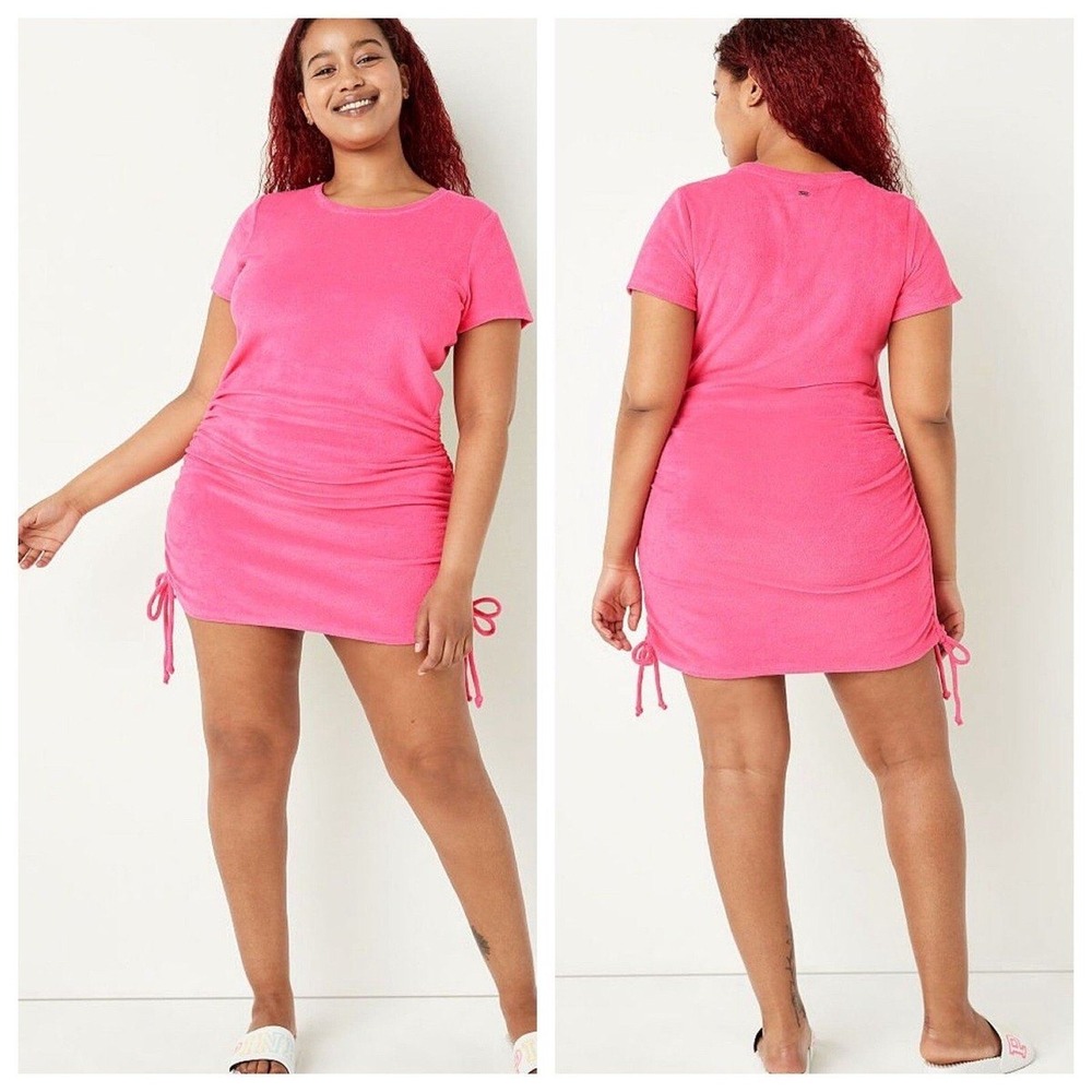 PINK Victoria's Secret 54O NWT Terry Cloth Ruched Mini Dress Pink Medium